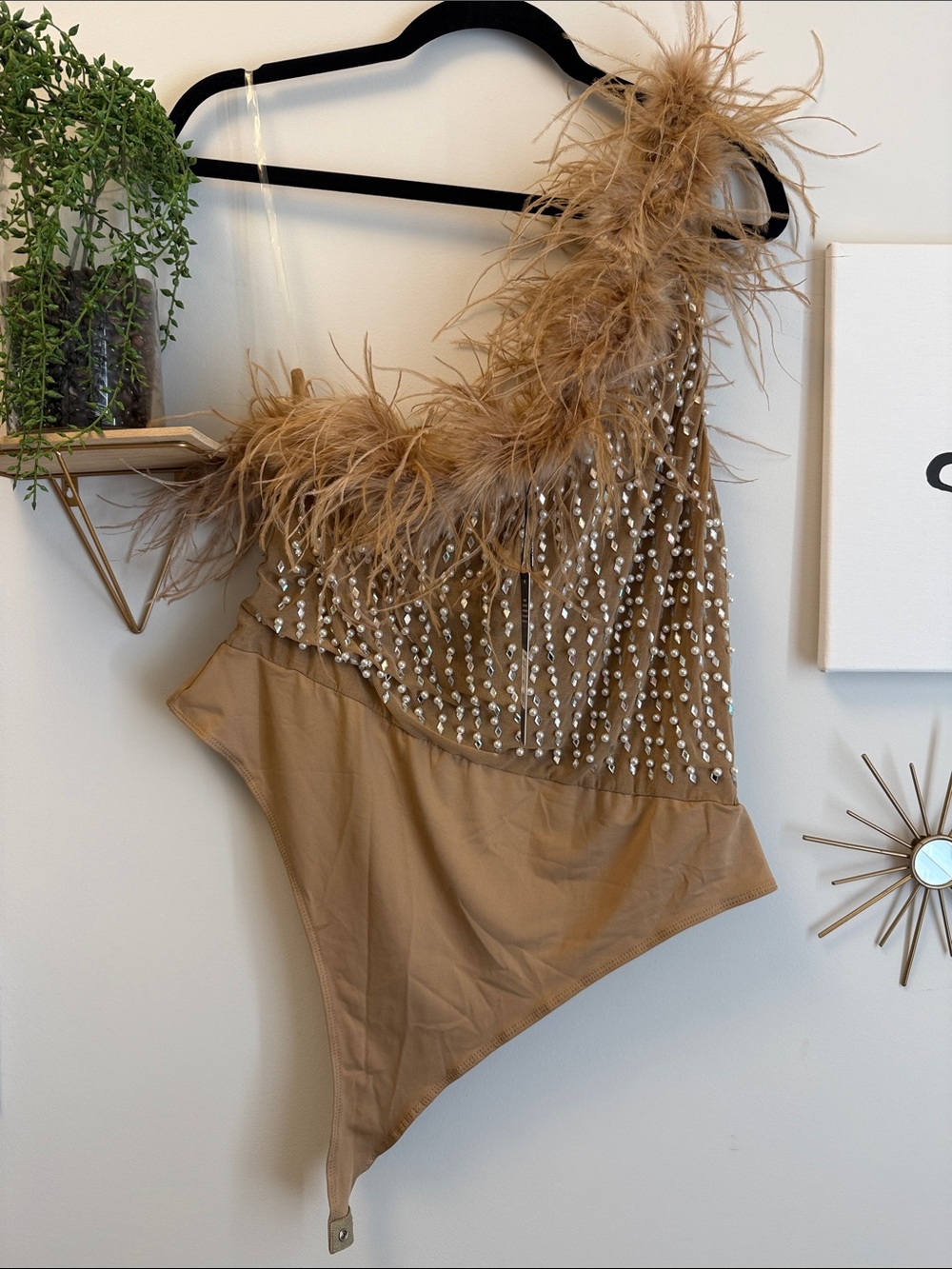 NWT Feather-Trim One-Shoulder Pearl and Gem Bodysuit in Tan